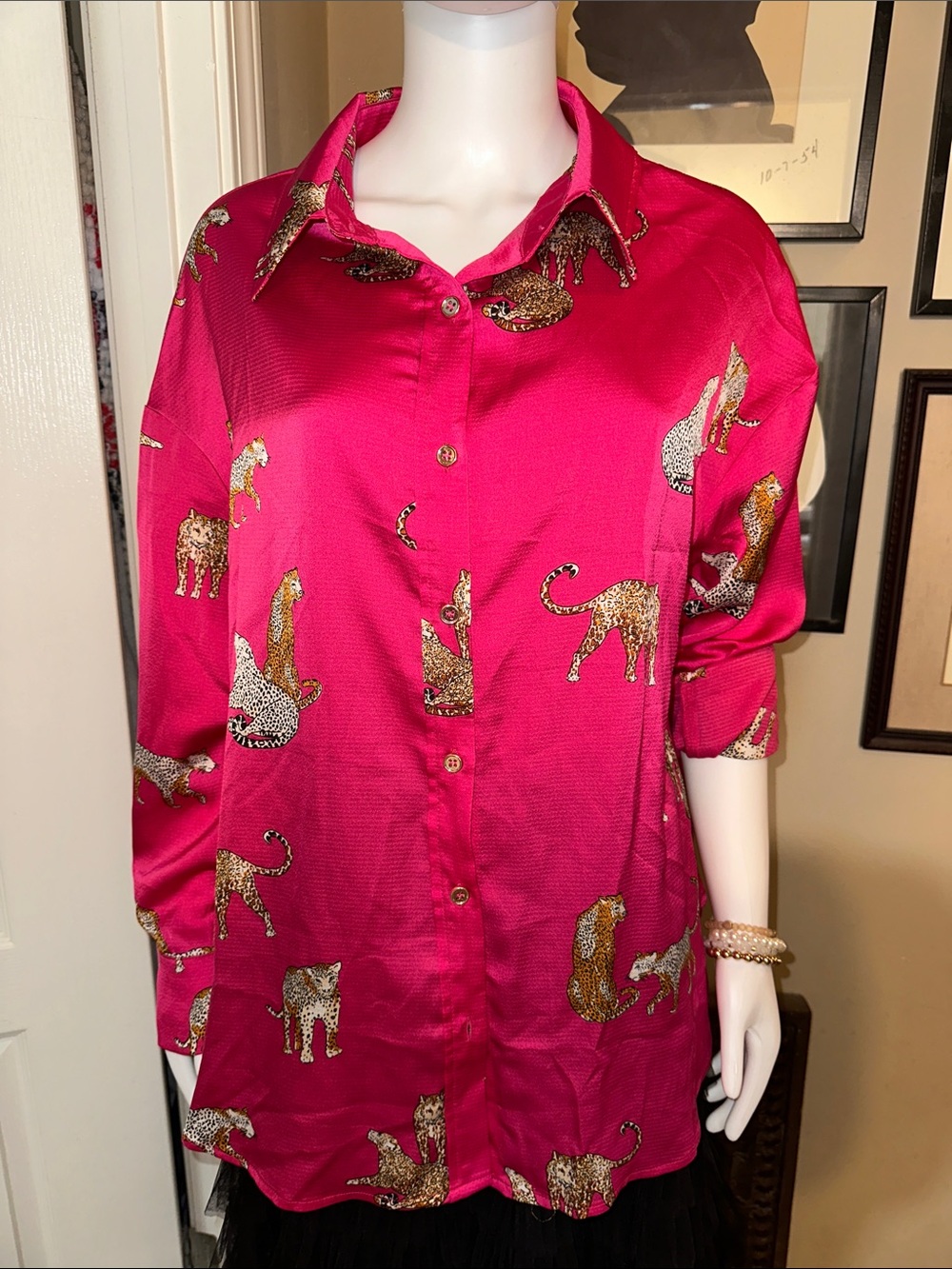 Hot Pink Leopard Print Button-Up Blouse